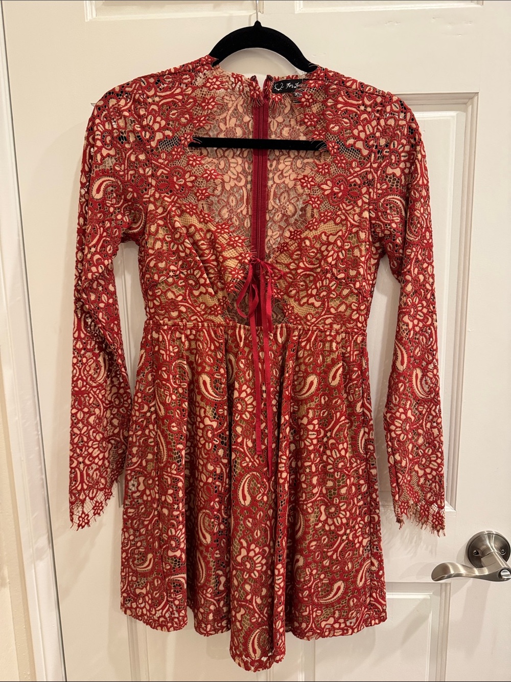 For Love And Lemons Red Lace Long-Sleeve Paisley Tie-Front Mini Dress